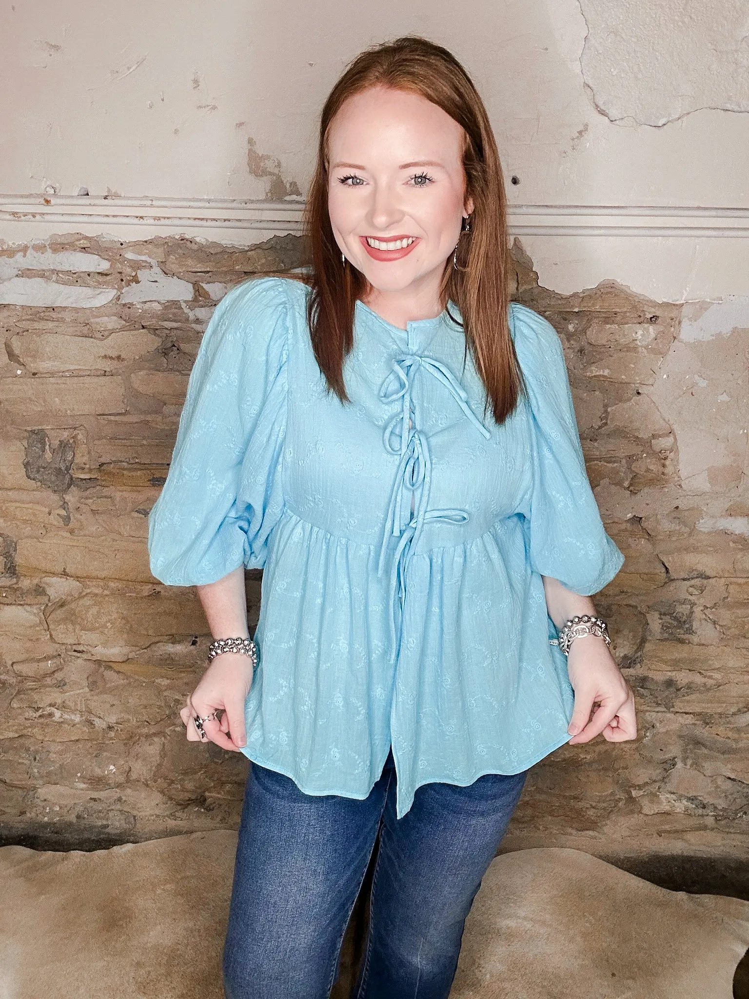 Lulu Aqua Front Tie 3/4 Top