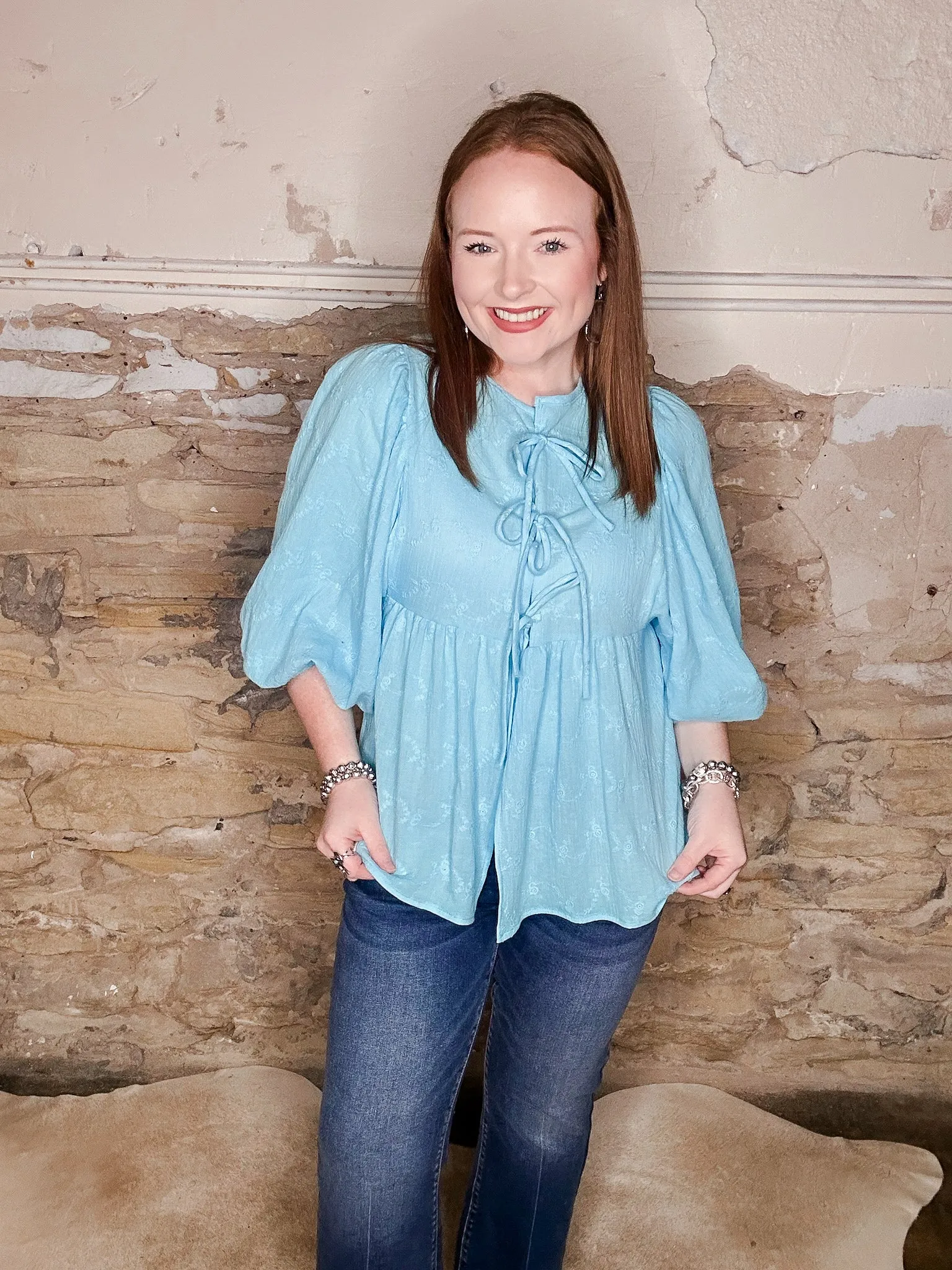 Lulu Aqua Front Tie 3/4 Top