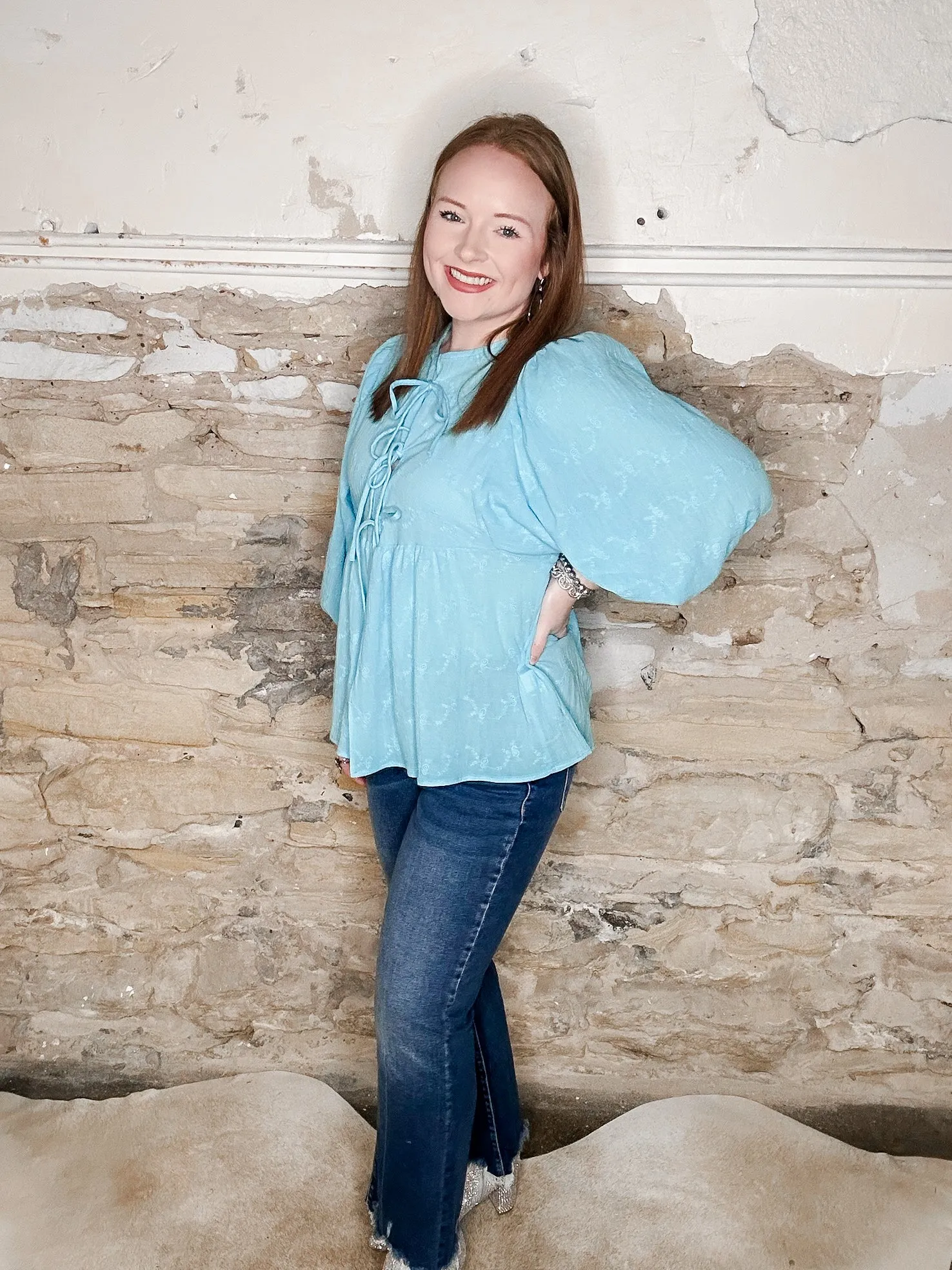 Lulu Aqua Front Tie 3/4 Top