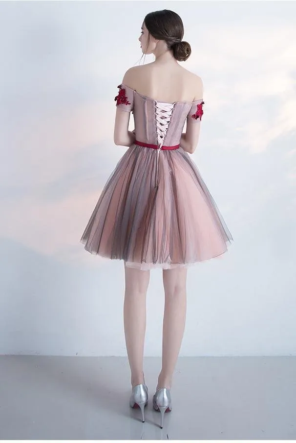 Luolandi A Line Red Off the Shoulder Above Knee Short Sleeve Flowers Homecoming Dresses Beautiful