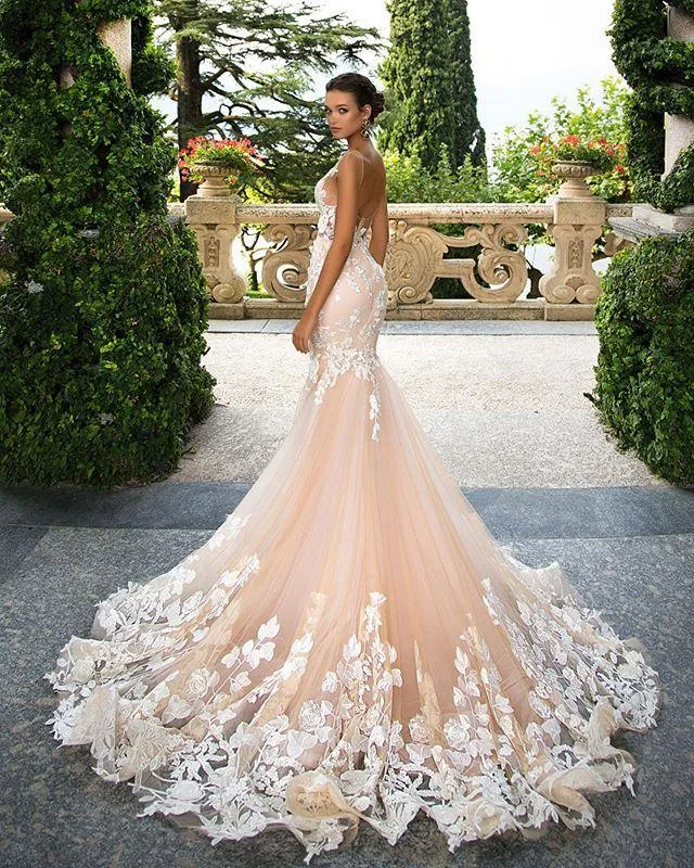 Luolandi Mermaid Light Pink Lace Appliques Wedding Dresses Short Sleeve Bride Dress Beautiful