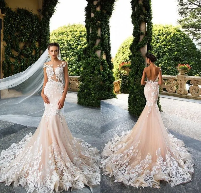 Luolandi Mermaid Light Pink Lace Appliques Wedding Dresses Short Sleeve Bride Dress Beautiful