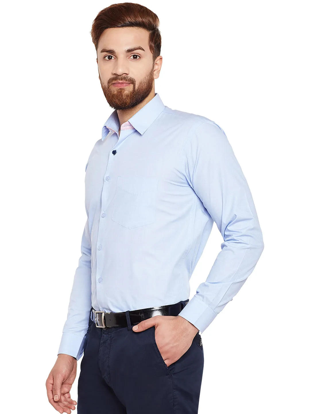 Men Sky Blue Solid Fila Fil Pure Cotton Slim Fit Formal Shirt
