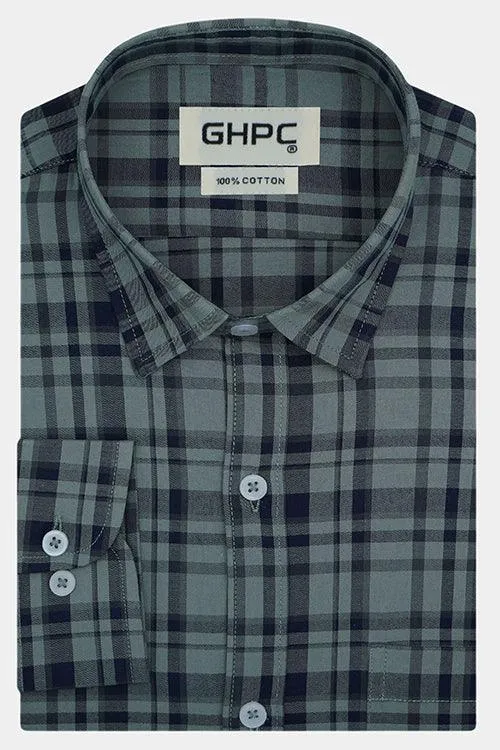 Men's 100% Cotton Tartan Plaid Checkered Full Sleeves Shirt (Navy)