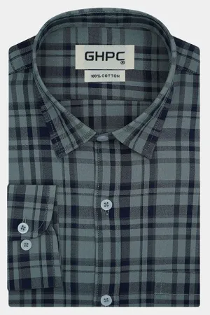 Men's 100% Cotton Tartan Plaid Checkered Full Sleeves Shirt (Navy)