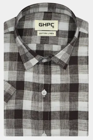 Men's Cotton Linen Checkered Half Sleeves Shirt (Coffee)