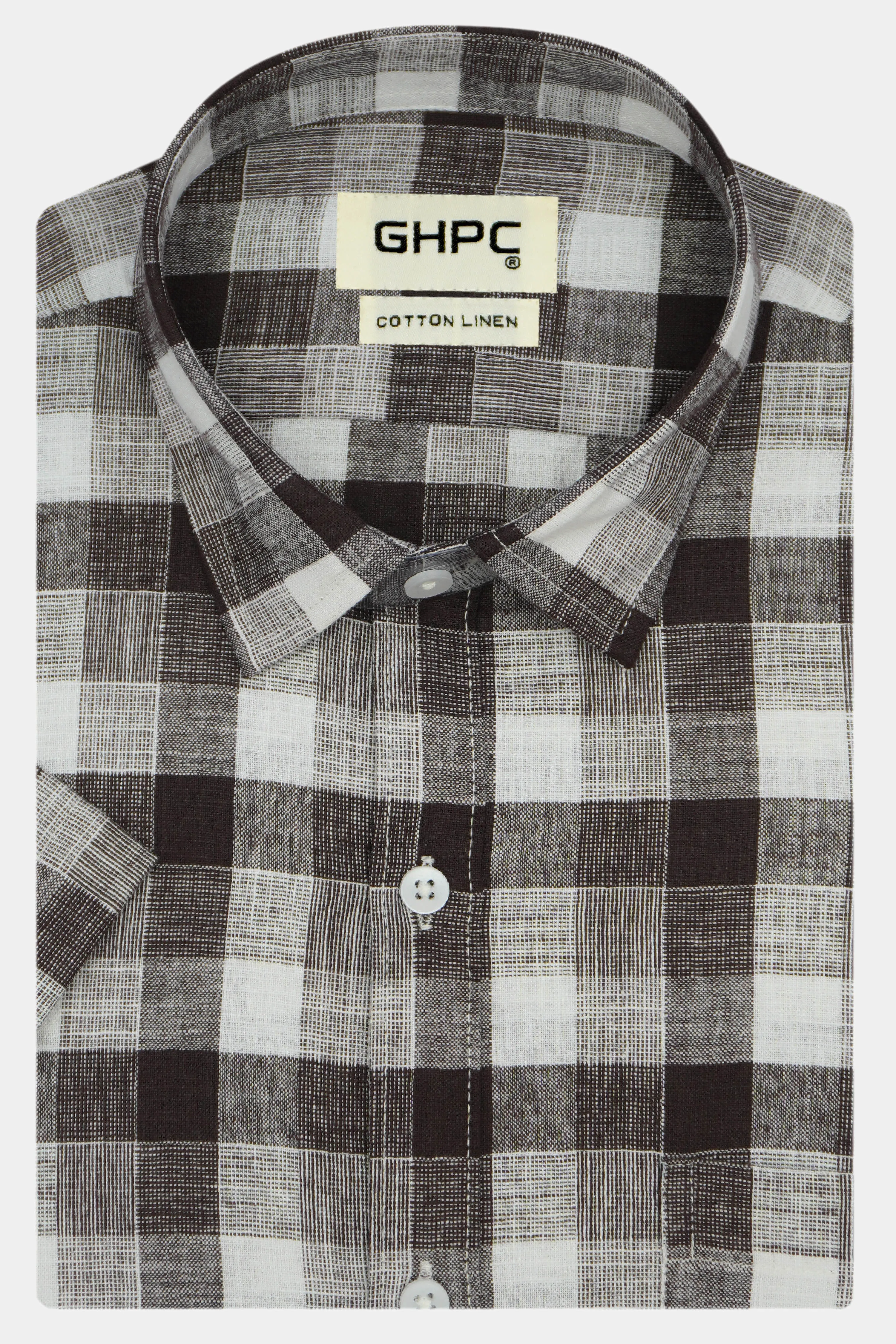 Men's Cotton Linen Checkered Half Sleeves Shirt (Coffee)