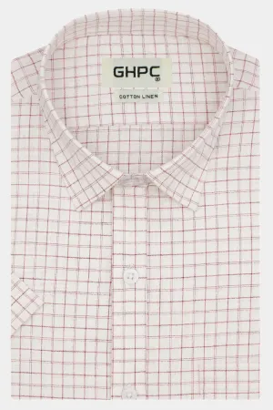 Men's Cotton Linen Checkered Half Sleeves Shirt (Red)