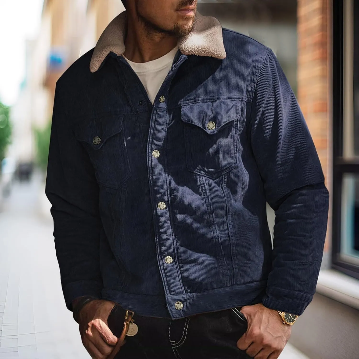 Mens Sweatshirt Corduroy Tactical Shirts Jacket Fleece Long Sleeve Color Block Patches Draped Outwear Casual Coats