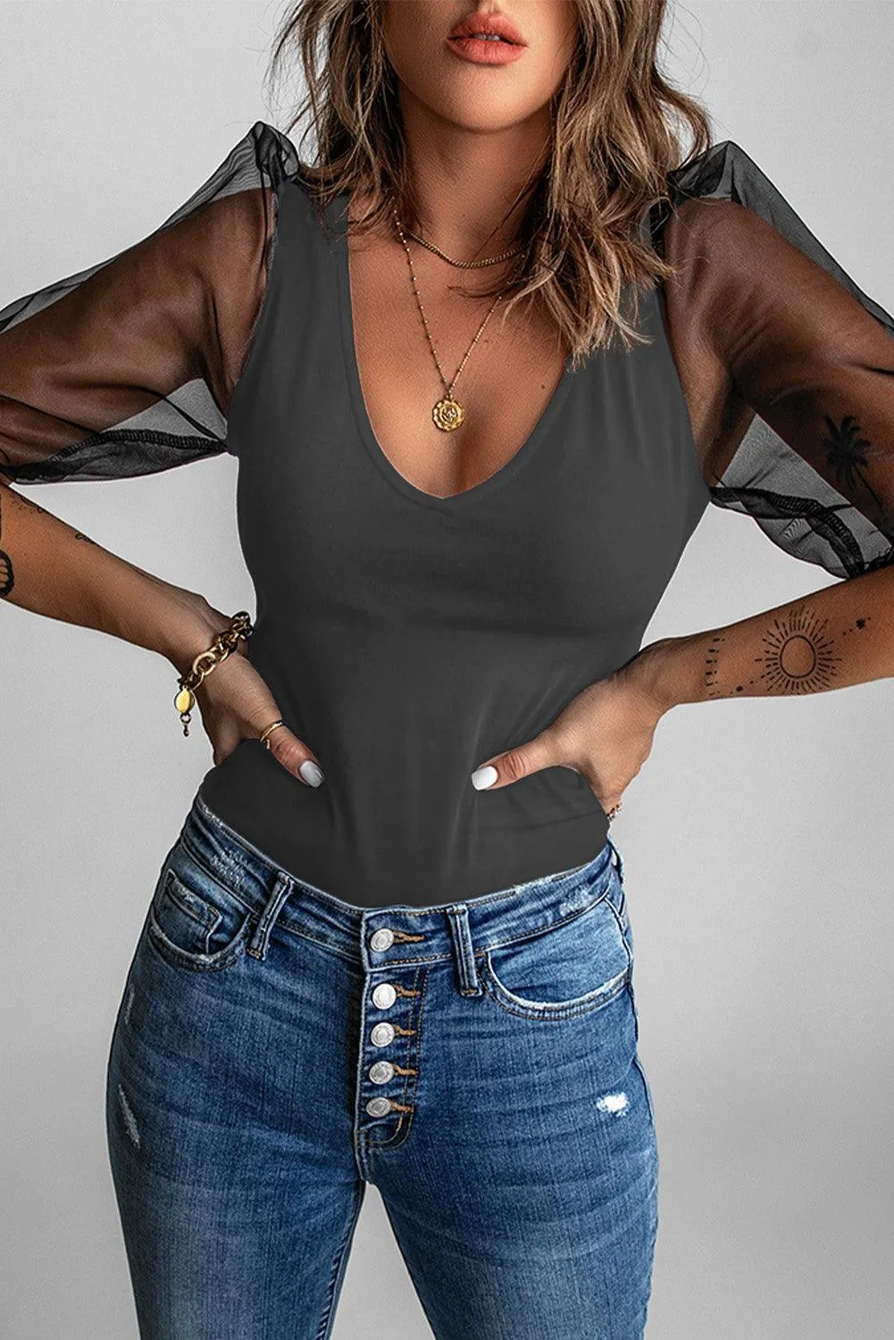 Mesh Puff Sleeve Blouse