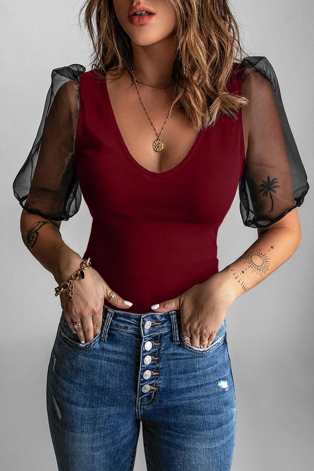 Mesh Puff Sleeve Blouse