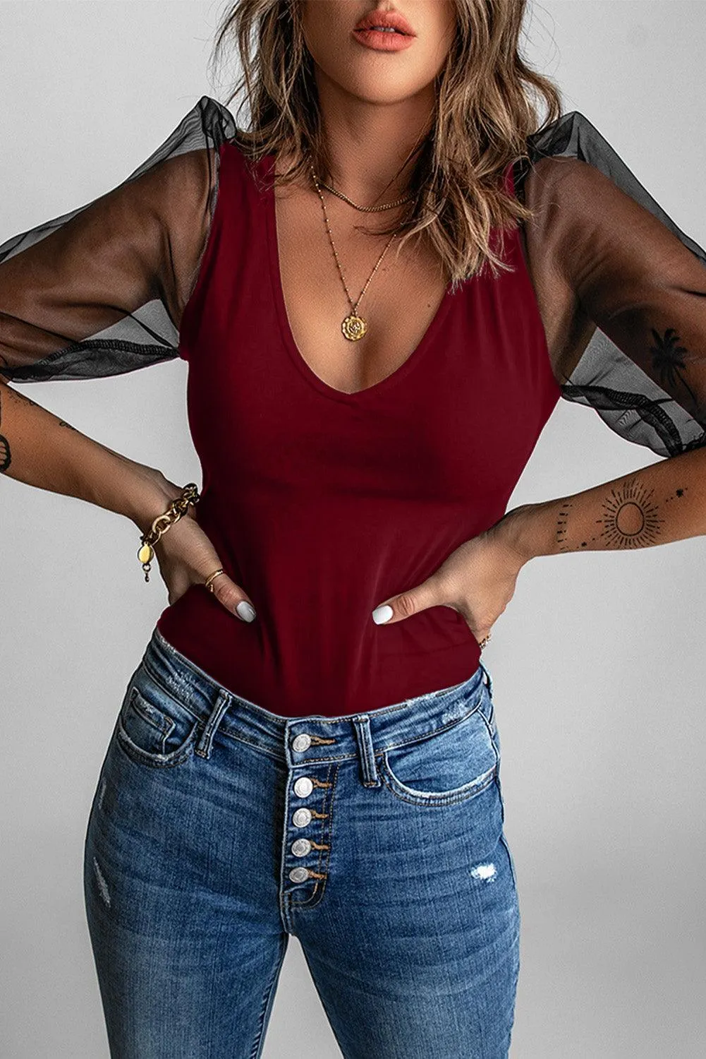 Mesh Puff Sleeve Blouse