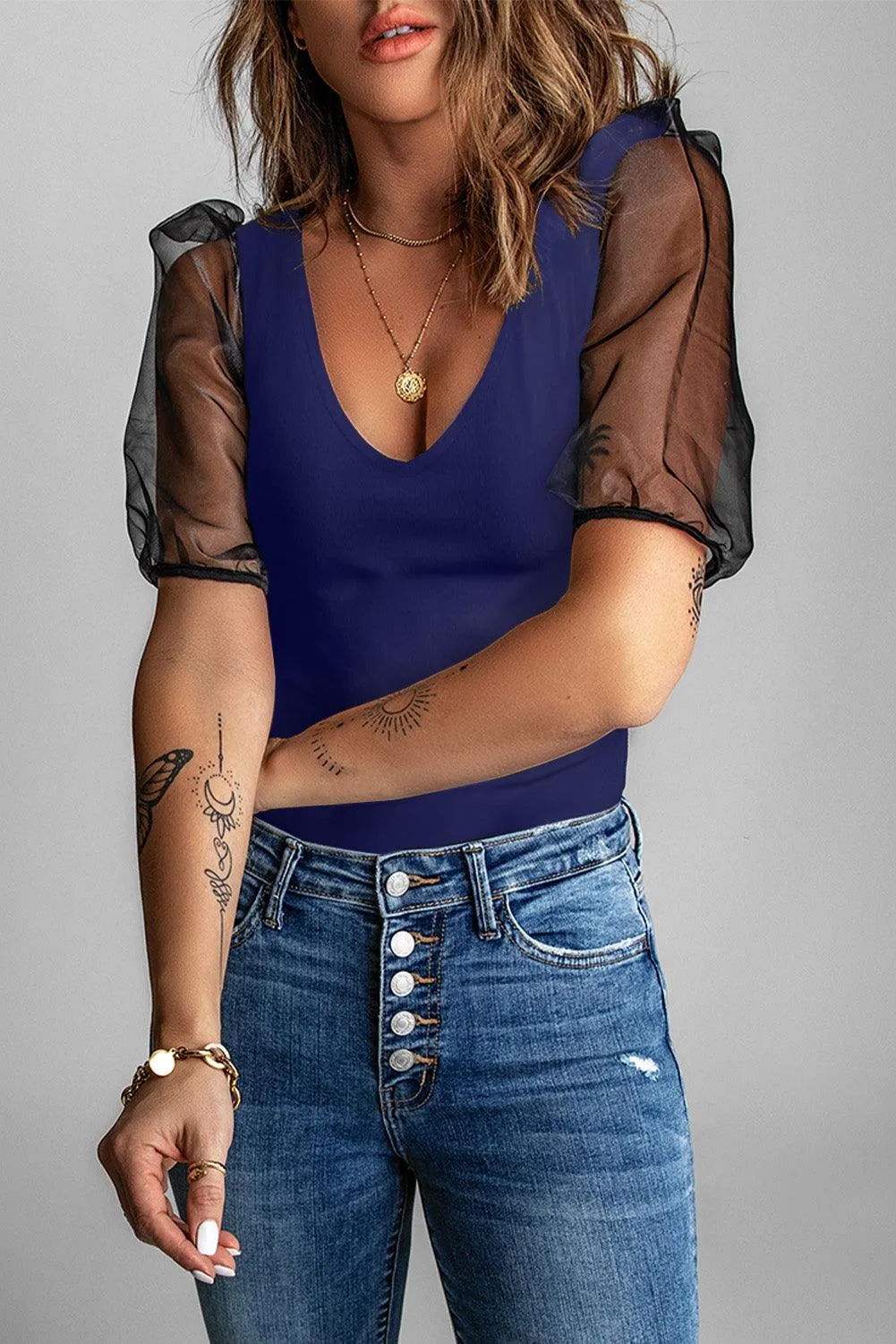 Mesh Puff Sleeve Blouse