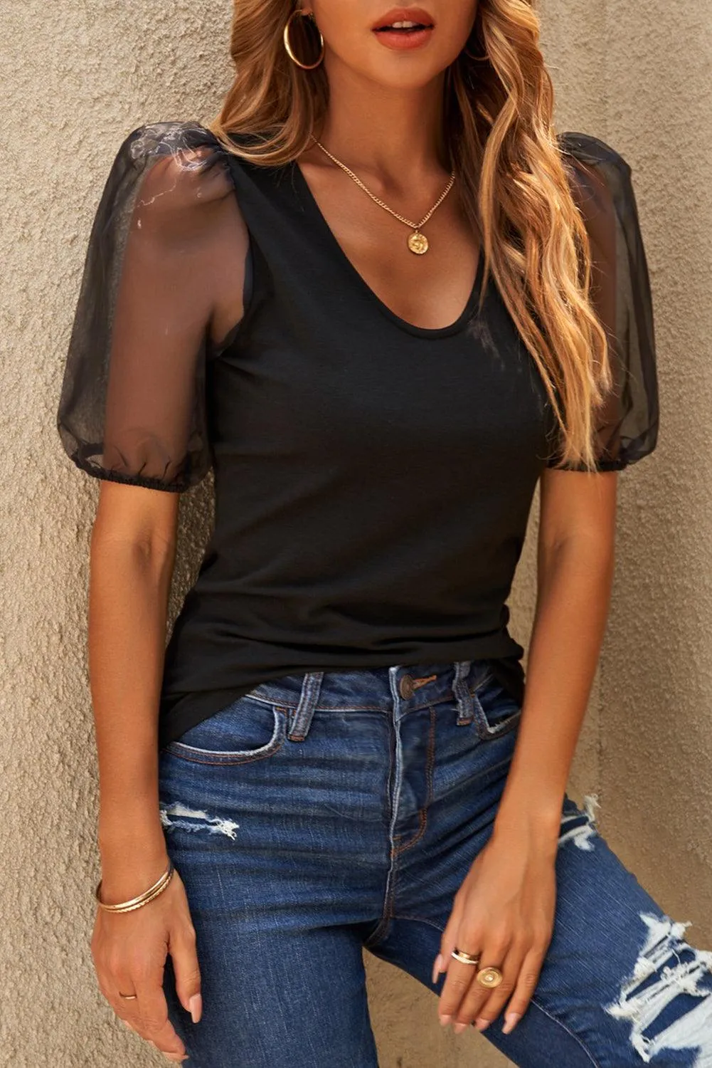 Mesh Puff Sleeve Blouse