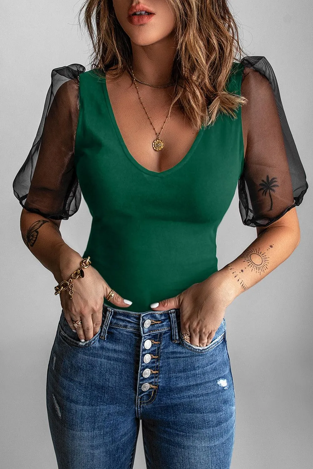 Mesh Puff Sleeve Blouse