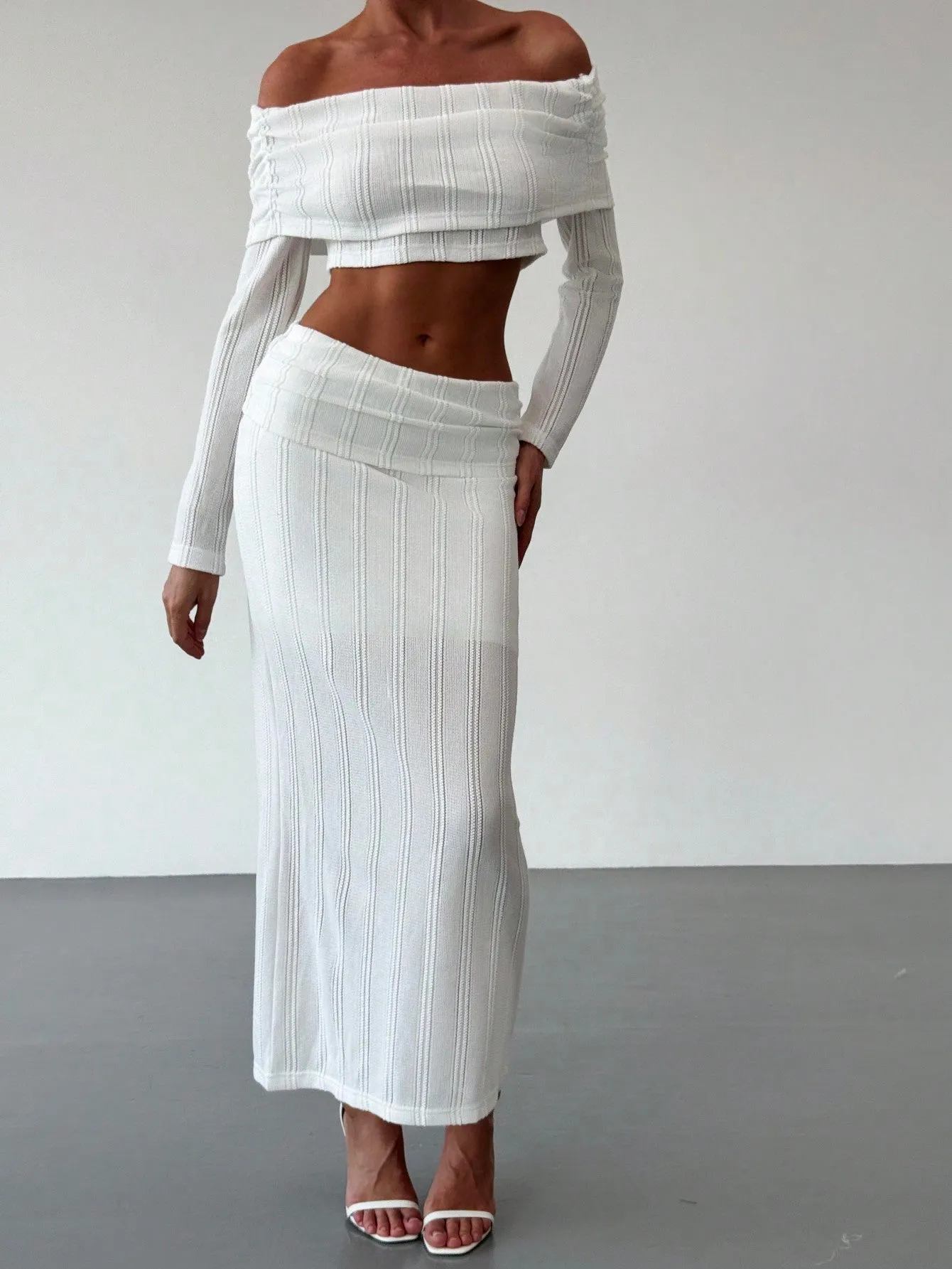 Off-Shoulder Cropped Sleeve Textured Blouse   High-Waist Textured Skirt Set For Date,