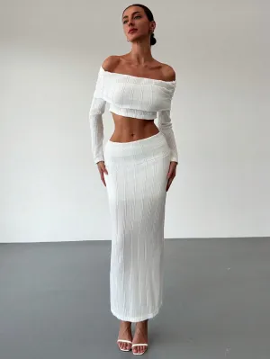 Off-Shoulder Cropped Sleeve Textured Blouse   High-Waist Textured Skirt Set For Date,
