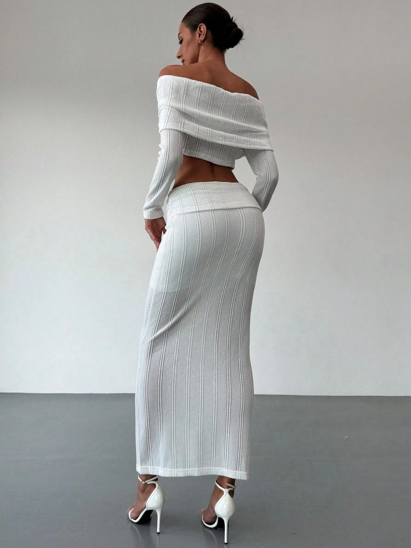 Off-Shoulder Cropped Sleeve Textured Blouse   High-Waist Textured Skirt Set For Date,