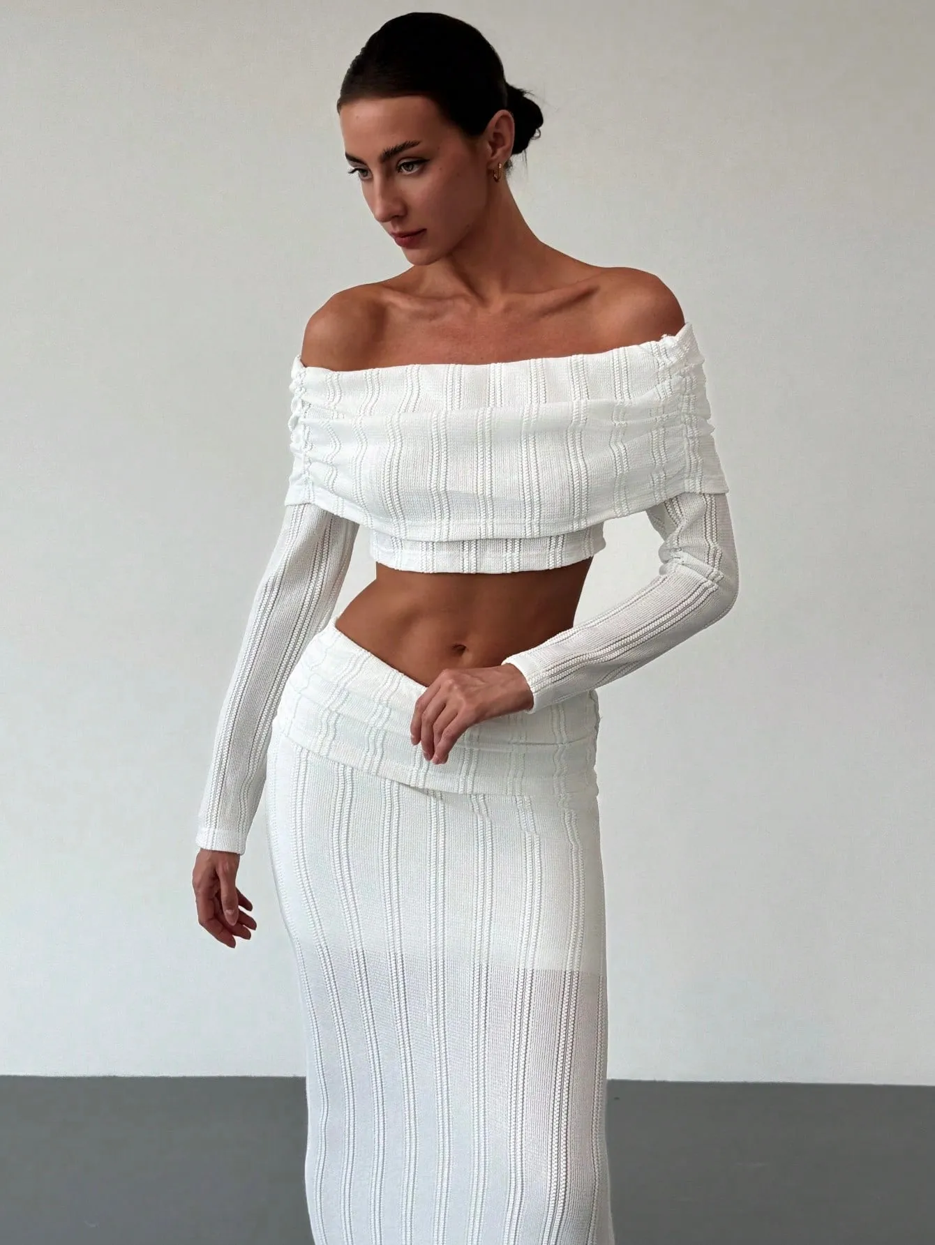 Off-Shoulder Cropped Sleeve Textured Blouse   High-Waist Textured Skirt Set For Date,