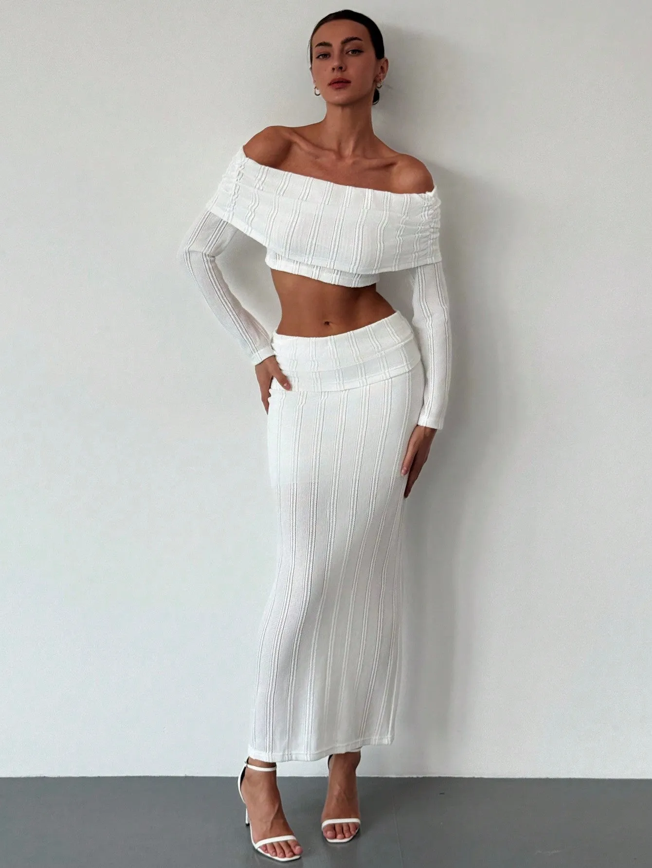 Off-Shoulder Cropped Sleeve Textured Blouse   High-Waist Textured Skirt Set For Date,