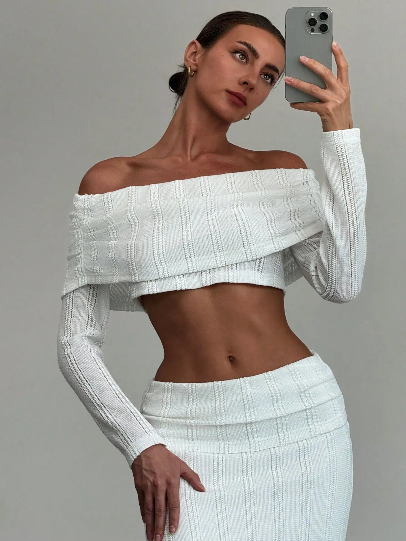 Off-Shoulder Cropped Sleeve Textured Blouse   High-Waist Textured Skirt Set For Date,