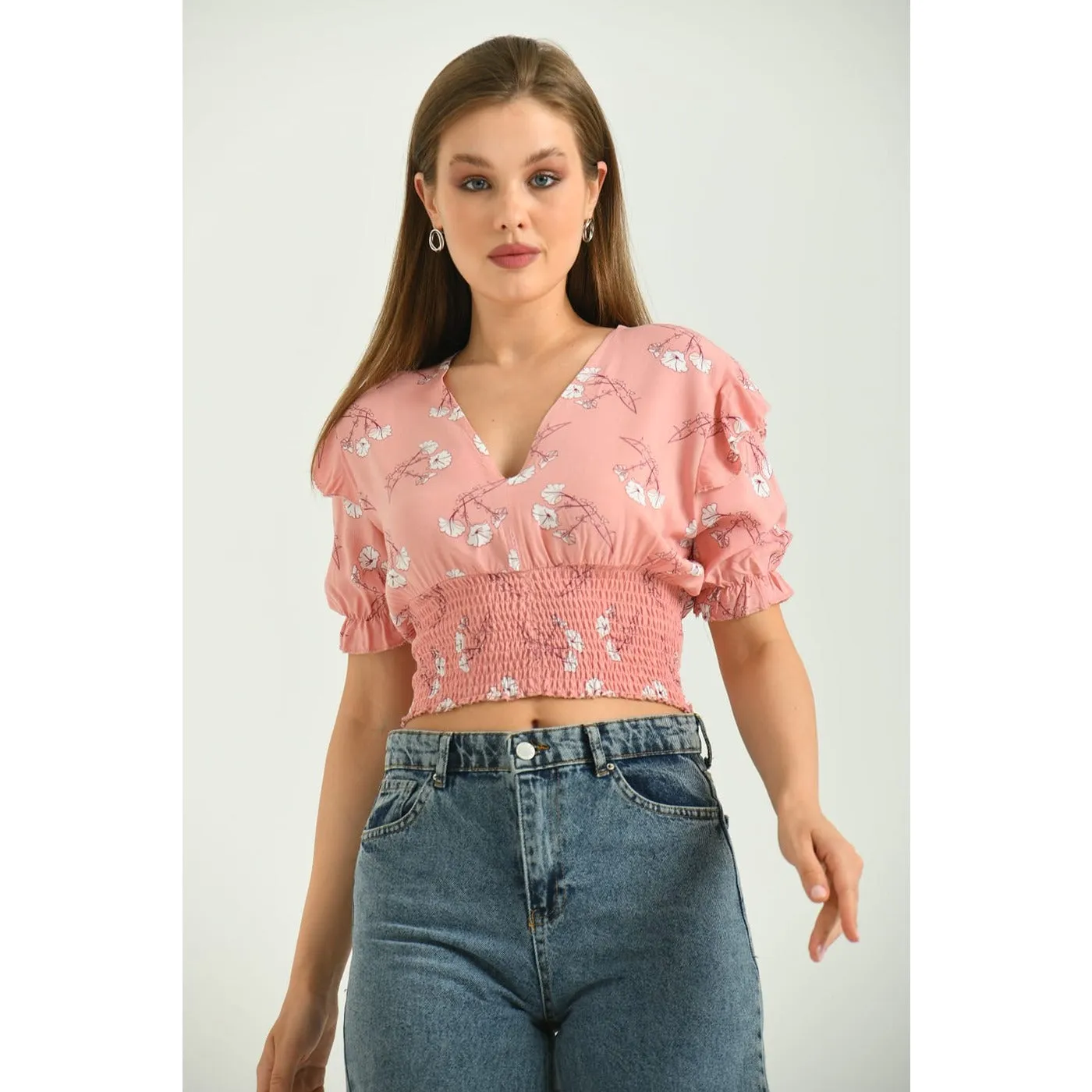 Peach Floral Balloon Sleeves Top