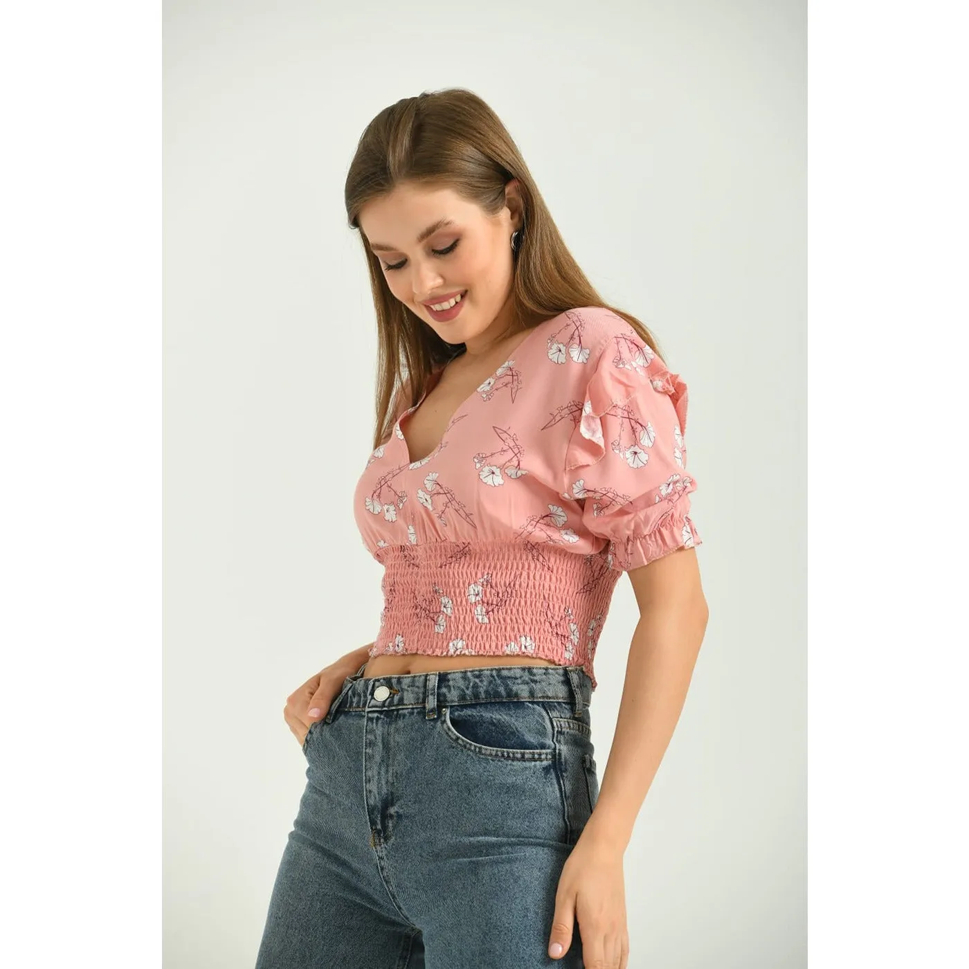 Peach Floral Balloon Sleeves Top