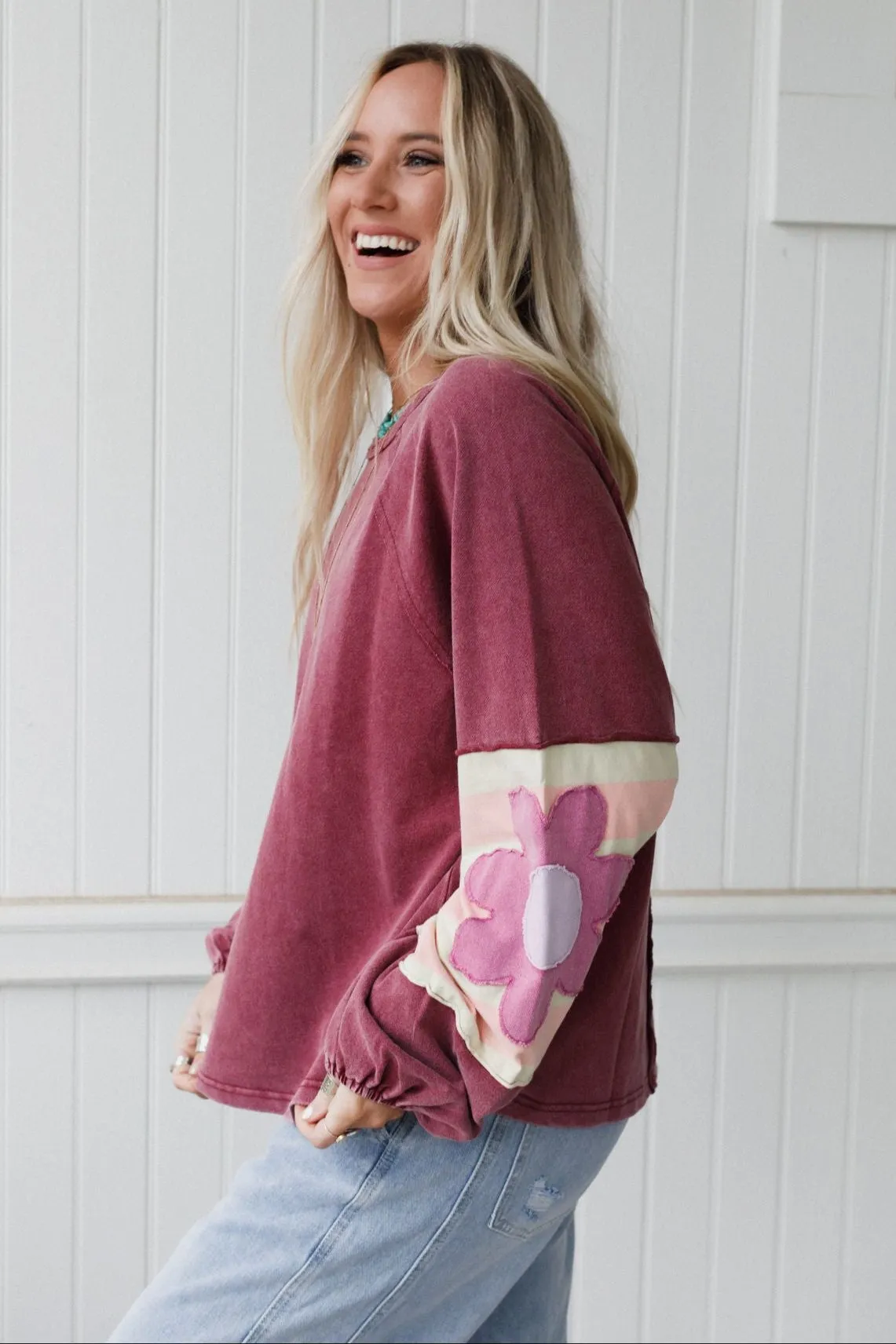 Petal Patch Pullover Top - Wine