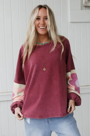 Petal Patch Pullover Top - Wine
