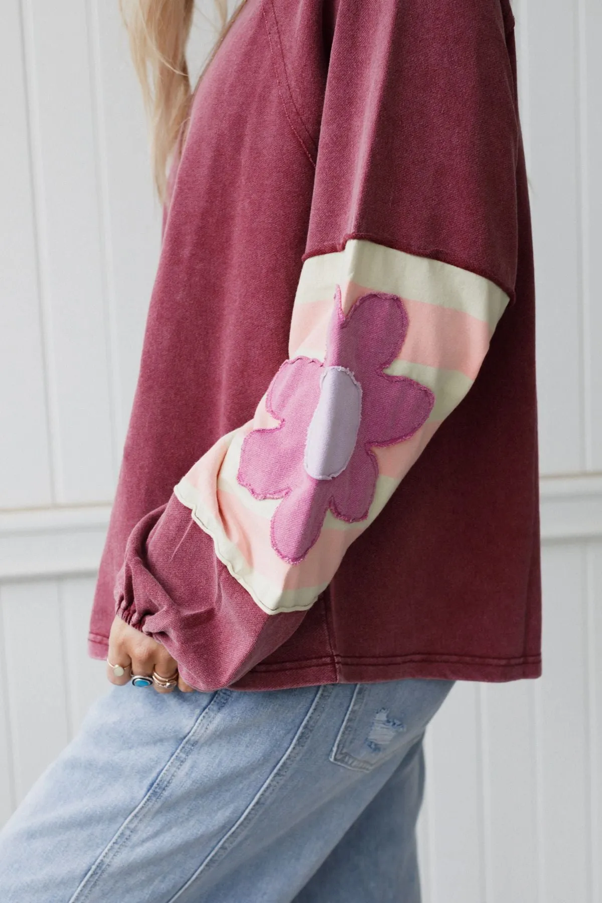 Petal Patch Pullover Top - Wine