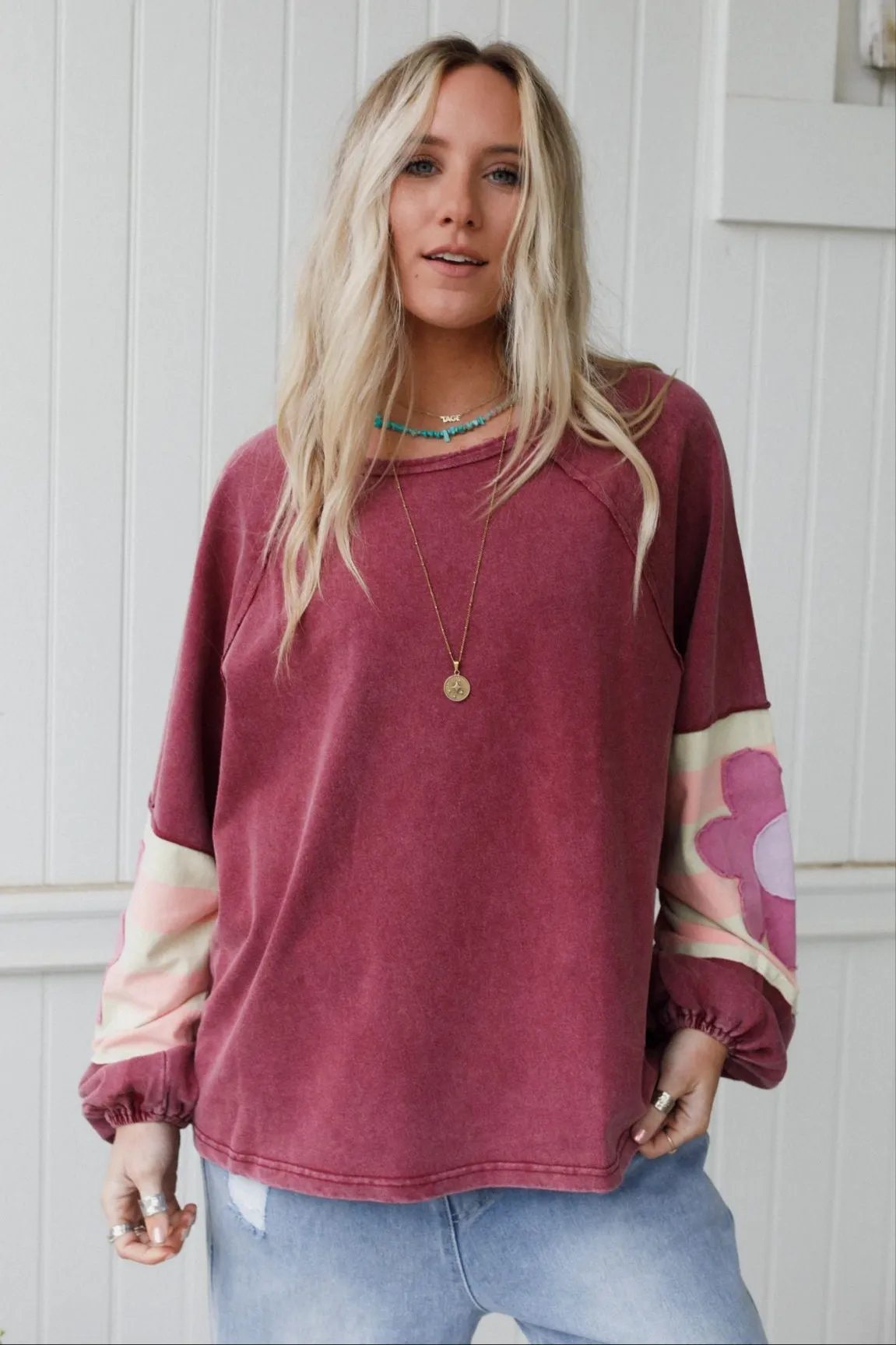 Petal Patch Pullover Top - Wine