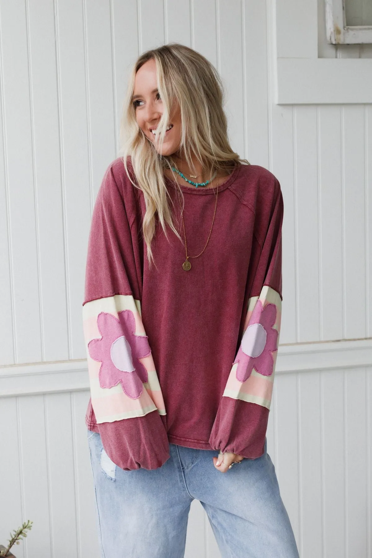 Petal Patch Pullover Top - Wine