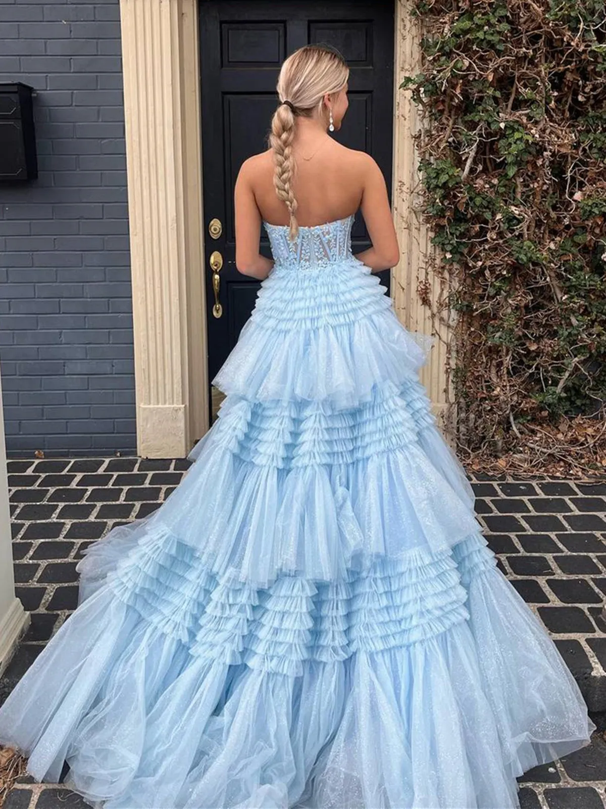 Pink Red Blue Purple Black Lace Prom Dresses, Layered Long Lace Formal Evening Dresses