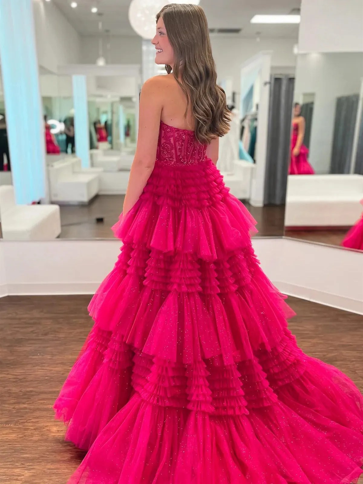 Pink Red Blue Purple Black Lace Prom Dresses, Layered Long Lace Formal Evening Dresses