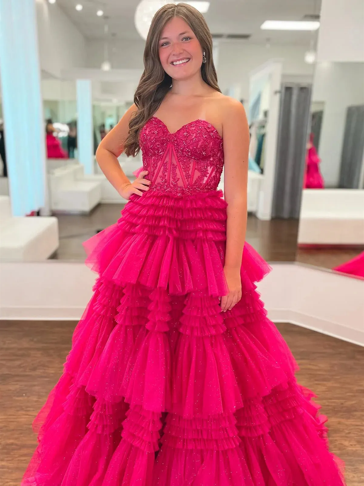 Pink Red Blue Purple Black Lace Prom Dresses, Layered Long Lace Formal Evening Dresses