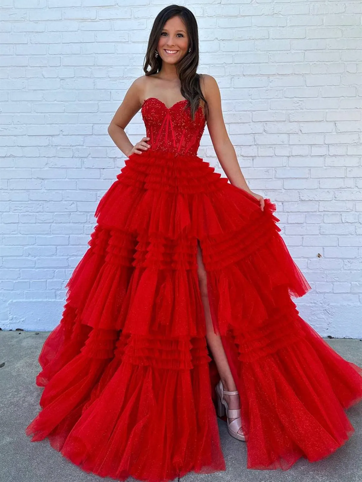 Pink Red Blue Purple Black Lace Prom Dresses, Layered Long Lace Formal Evening Dresses