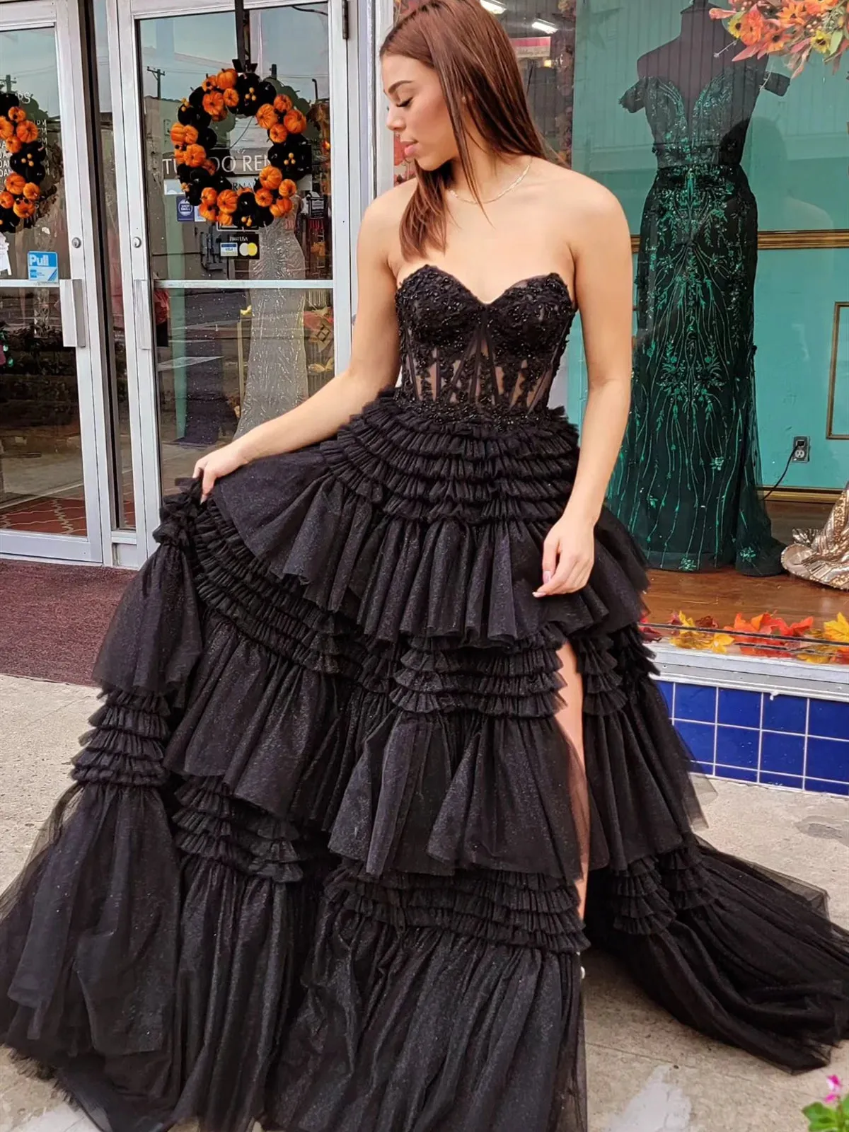 Pink Red Blue Purple Black Lace Prom Dresses, Layered Long Lace Formal Evening Dresses