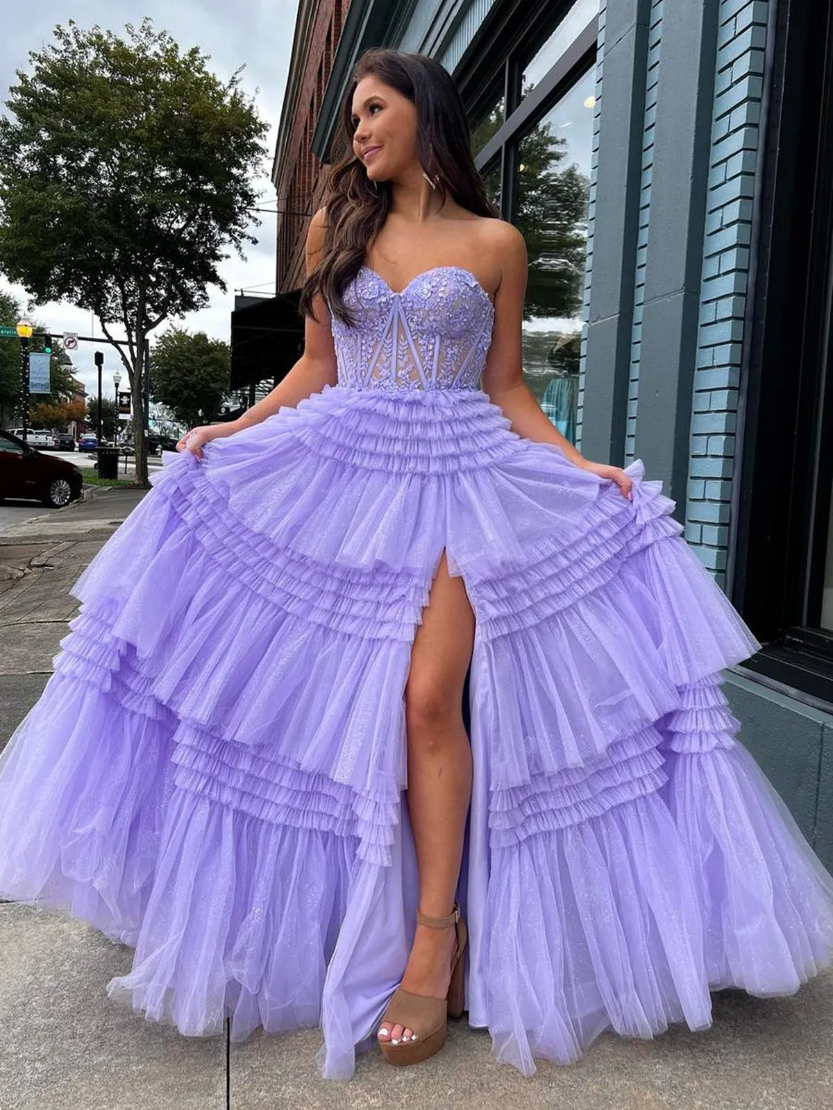 Pink Red Blue Purple Black Lace Prom Dresses, Layered Long Lace Formal Evening Dresses
