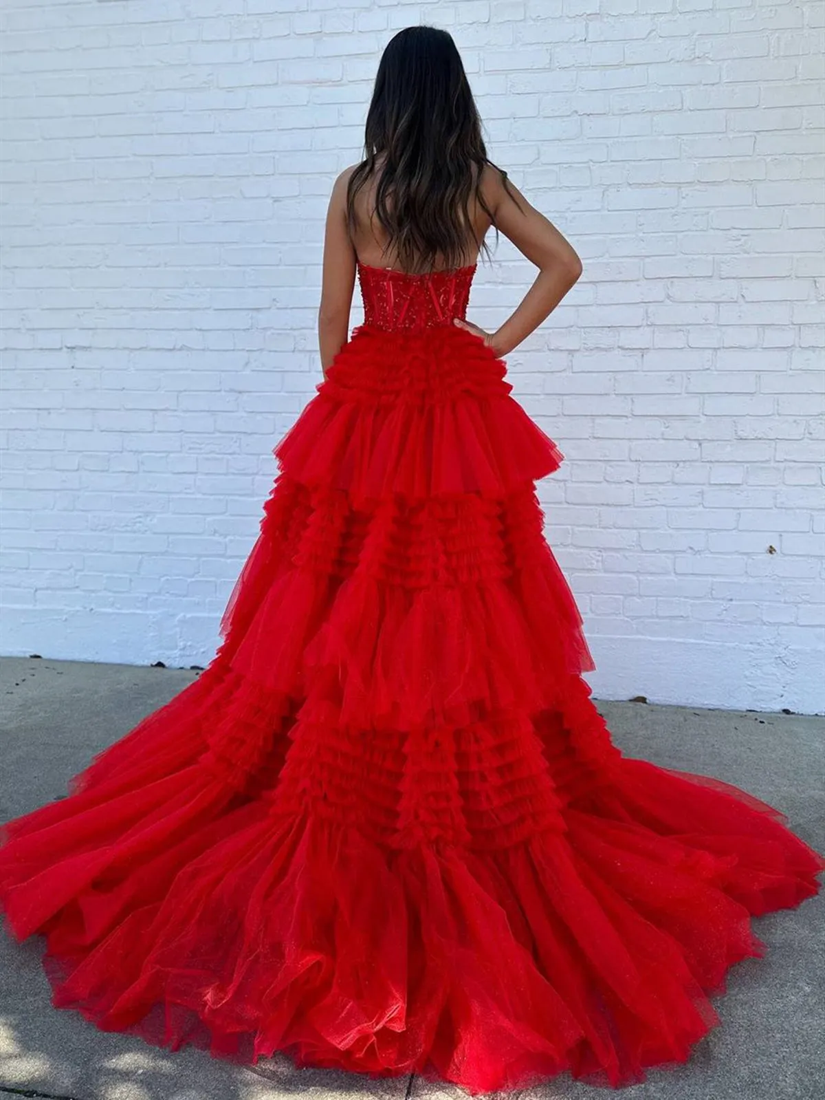 Pink Red Blue Purple Black Lace Prom Dresses, Layered Long Lace Formal Evening Dresses