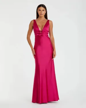 Pink Sleeveless V Neck Satin Gown With Bow Details - Raspberry