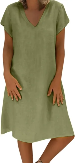 Plus Size Cotton Linen Dresses for Women 2024 Trendy, Summer Casual V-Neck Solid Short Sleeve Loose Beach Midi Dress Women Dresses Elastic Waist Women Dresses Night Club Green