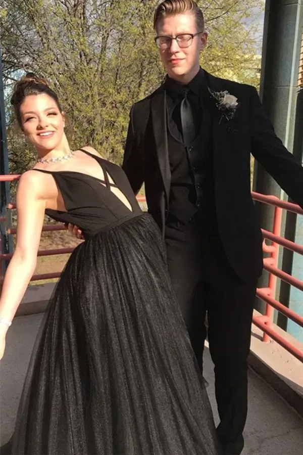 Promfast Fashion Spaghetti Straps Black Tulle A Line Prom Dresses Floor Length Evening Party Dresses PFP2075