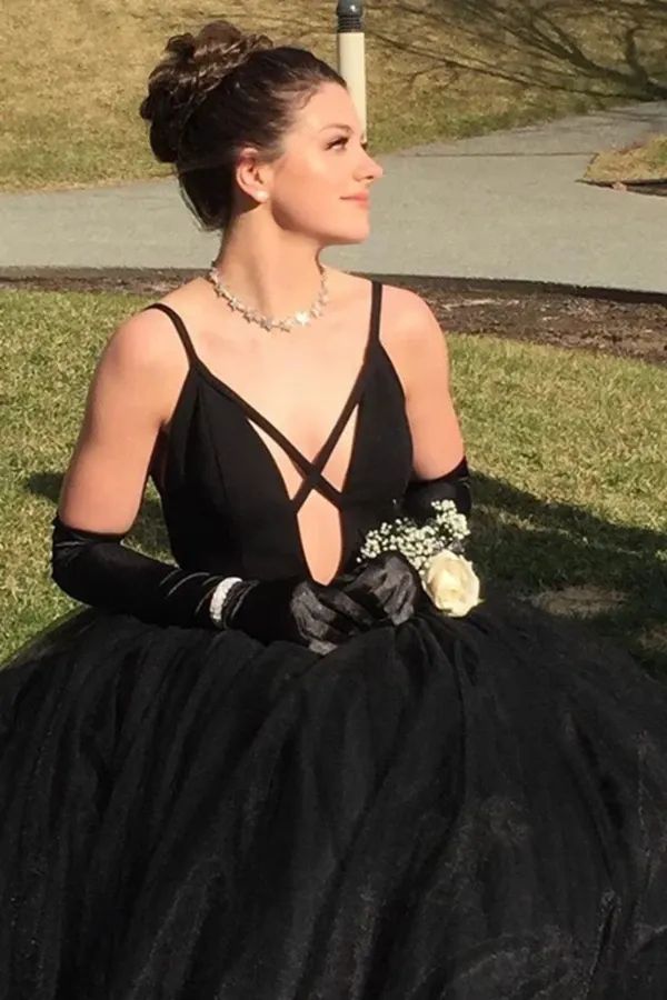 Promfast Fashion Spaghetti Straps Black Tulle A Line Prom Dresses Floor Length Evening Party Dresses PFP2075