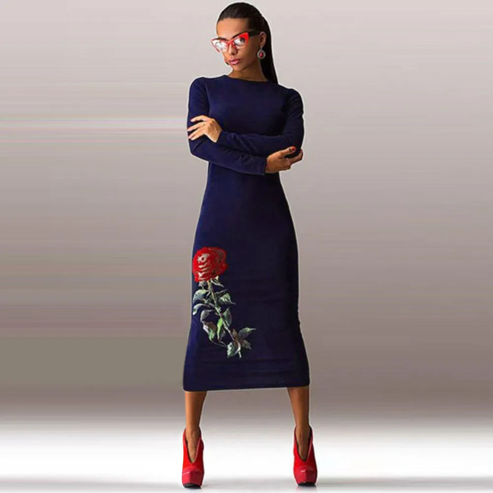 Rose Print Long Sleeve Back Zipper Bodycon Long Dress