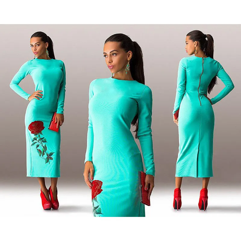 Rose Print Long Sleeve Back Zipper Bodycon Long Dress