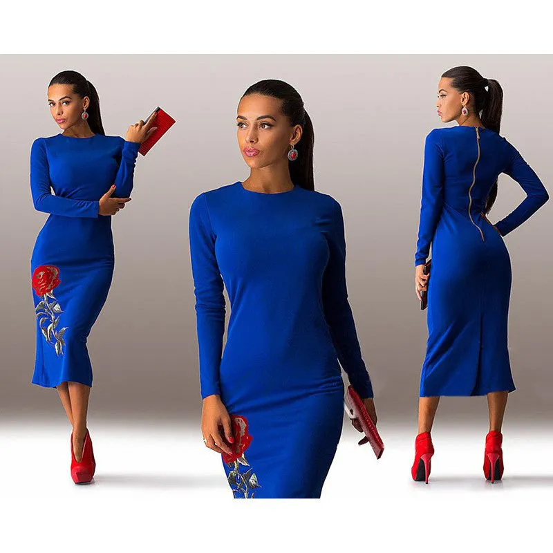 Rose Print Long Sleeve Back Zipper Bodycon Long Dress