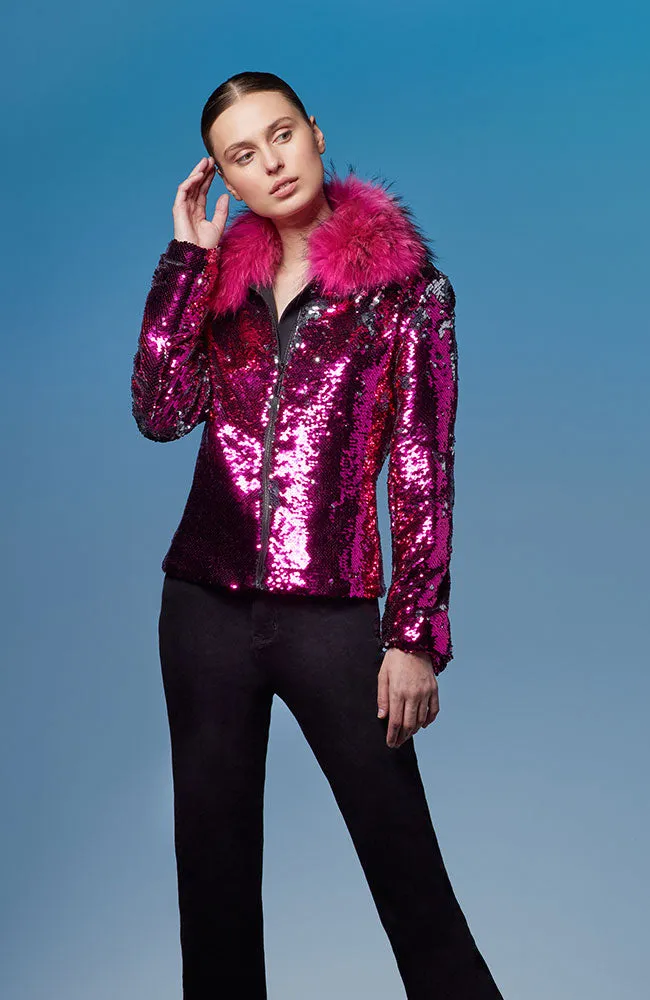 Sequin Zip Front Jacket Raccoon Collar