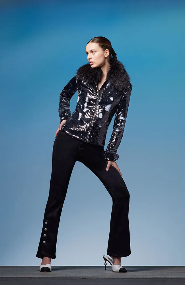 Sequin Zip Front Jacket Raccoon Collar