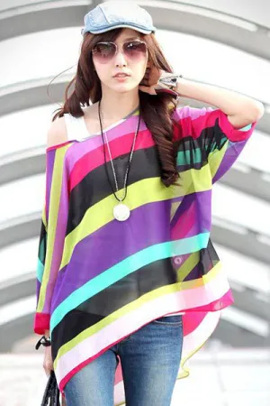 Sexy Unique Rainbow Print Oversize Chiffon Blouse