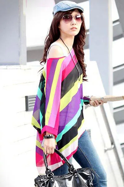 Sexy Unique Rainbow Print Oversize Chiffon Blouse
